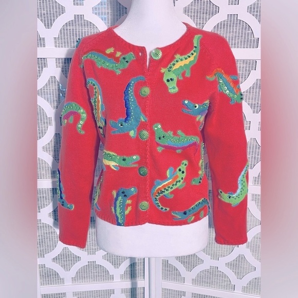 ALLIGATOR CARDIGAN SWEATER MICHAEL SIMON SMALL RETRO CROCODILE ANIMAL PRINT - Picture 1 of 16